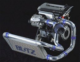 Picture of a BLITZ roots type supercharger kit setup with intercooler