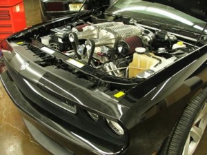 Picture of RDP's twin Harrop supercharger setup on a Dodge Challenger SRT8